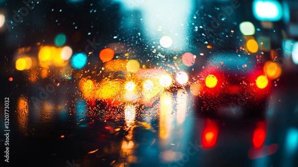 Fototapeta Rainy night cityscape view through wet window colorful lights red dark blue bokeh urban image scene