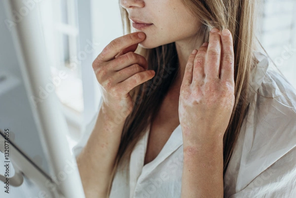 Obraz Skin problem, acne, psoriasis. Women's hands with red skin, itching.