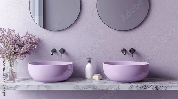 Fototapeta Lavender bathroom with double sinks, marble countertop, and flowers.