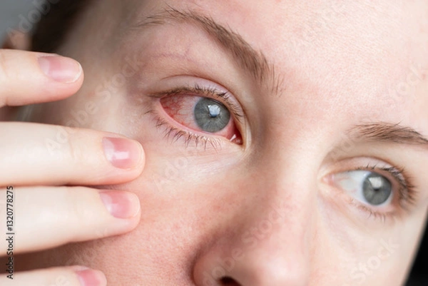 Obraz Close up of female face with one red eye suffering from infection conjunctivitis