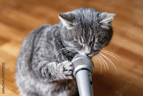 Obraz A cat with a microphone. The cat sings into the microphone. Funny animals. Funny cats.   