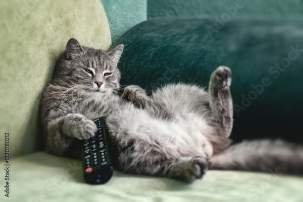 Obraz Funny gray cat lying on the couch, holding the TV remote control in its paws. Symbolizes laziness, rest, relaxation, weekends and home comfort. Funny cats.