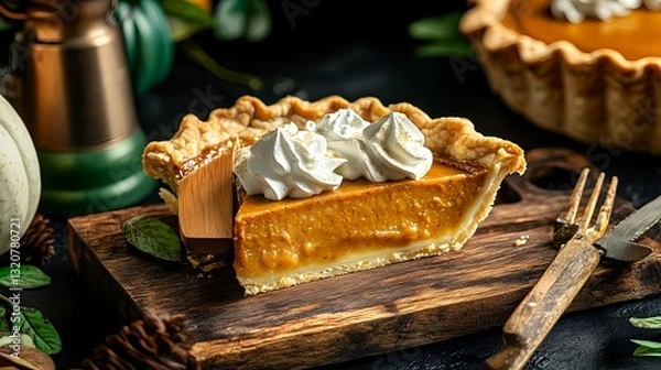 Fototapeta Delicious Pumpkin Pie Slice with Whipped Cream - Autumnal/Fall themes