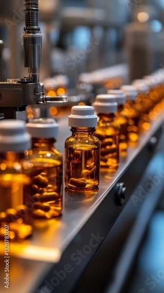 Fototapeta Supplement bottles are being carefully filled with capsules and capped in a clean and sterile production environment, ensuring quality and safety during the process