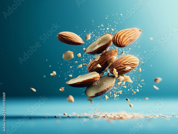 Fototapeta Almonds in mid-air showcasing their crunch and texture against a vibrant background