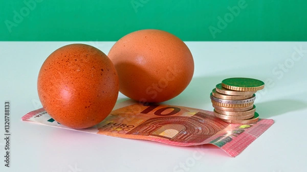 Obraz 
Eggs and coins: symbol of inflation and the rising cost of living and rising prices. A visual representation of the economic impact on families and eating habits.