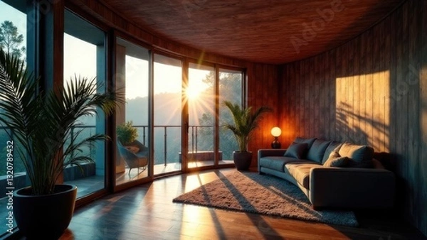 Fototapeta A futuristic container house with glass walls, atmospheric lighting inside, the interior of the living room is visible, many details, windows on the walls