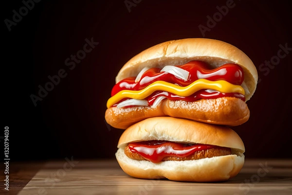 Obraz Vibrant stacked hotdog stock-image with mustard, ketchup, and sautéed toppings, showcasing a delicious, colorful, and mouthwatering combination of flavors perfect for a tasty snack or meal.