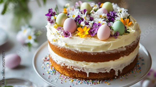 Fototapeta A rich carrot cake with smooth frosting and delightful Easter-themed decorations, including edible flowers, pastel-colored sprinkles, and small decorative eggs for a springtime dessert.