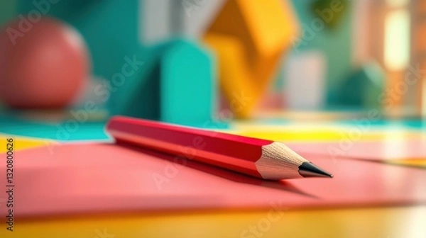 Fototapeta Red Pencil on Colorful Geometric Shapes Arrangement in Bright Workspace Setting