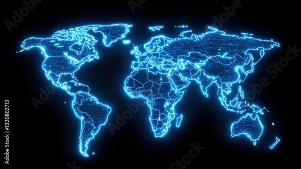 Fototapeta A glowing blue representation of the world map against a black background, highlighting geographical features and boundaries.