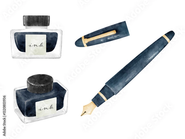 Obraz 水彩画風の万年筆とインクのイラストセット