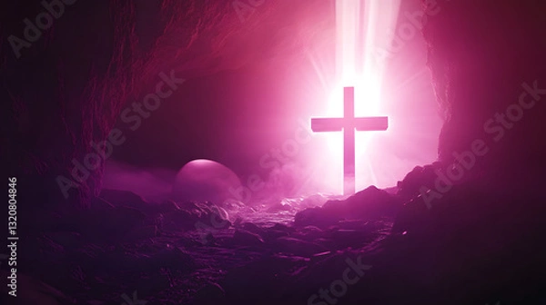 Obraz A serene yet awe-inspiring scene of Jesus’ resurrection, with an empty tomb and a radiant cross, divine light pouring from above, symbolizing salvation, grace, and the promise of eternal life for beli