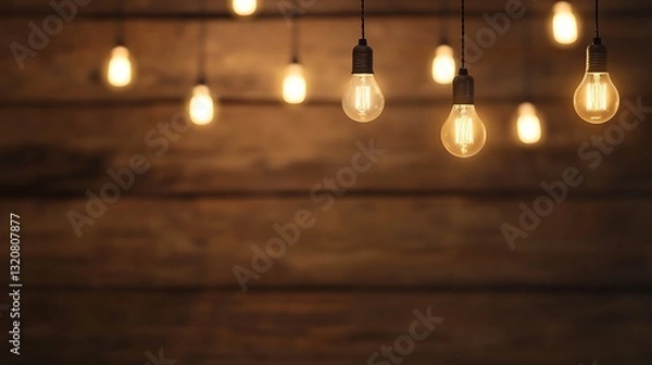 Fototapeta Hanging lights illuminate a rustic wooden background, creating a warm ambiance.