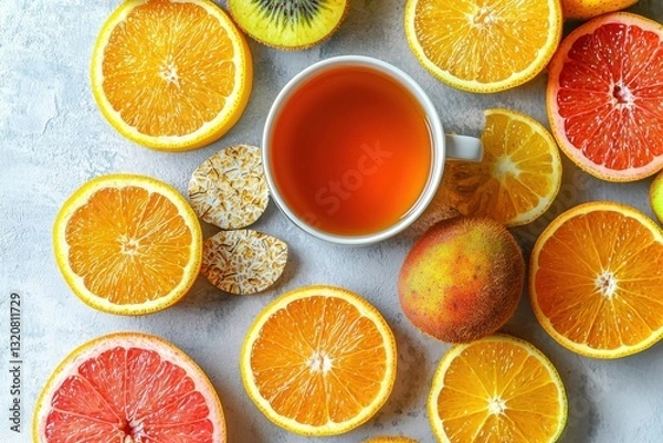 Fototapeta A colorful flat lay of citrus fruits and tea, including oranges, grapefruit, kiwi, and rice cakes, arranged around a cup of warm tea on a textured gray surface.