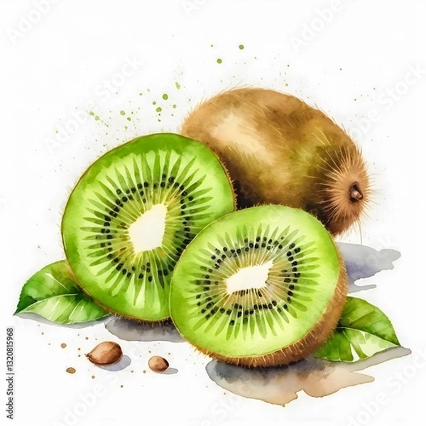 Obraz A ripe kiwi slice, green and juicy, isolated on a fresh white background showcases its healthy, tropical sweetness