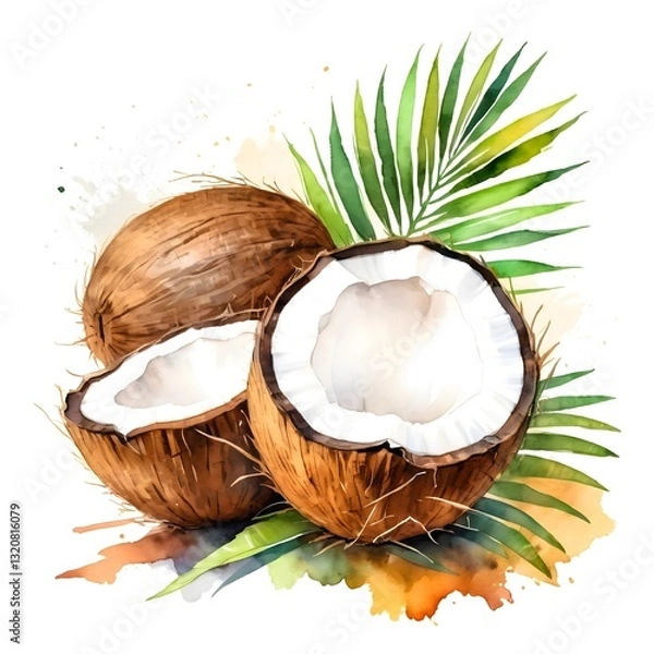 Obraz Isolated ripe coconut with green leaves, a fresh tropical fruit