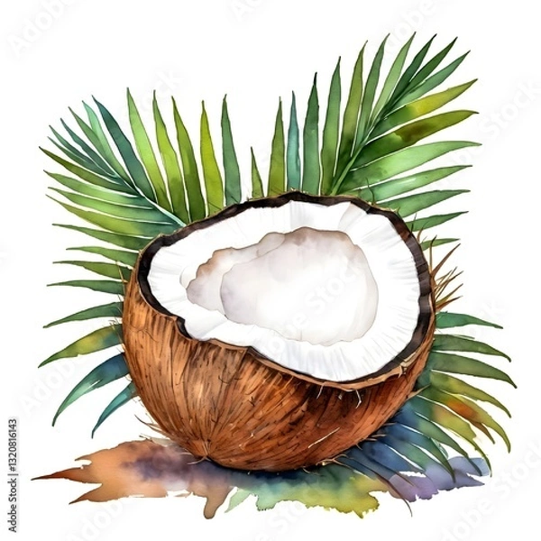 Obraz Isolated ripe coconut with green leaves, a fresh tropical fruit