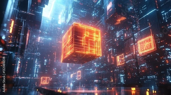 Obraz Futuristic digital cube floating in a technologically advanced environment