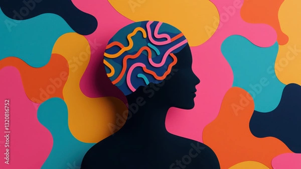Fototapeta Stylized silhouette of head with colorful abstract patterns representing creativity and decision making against vibrant background
