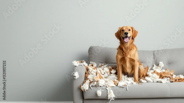 Fototapeta dog sits on destroyed couch surrounded by mess of shredded fabric, showcasing playful and mischievous expression. scene captures chaos of pet playful antics