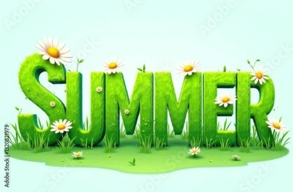 Fototapeta Word 'SUMMER’ using large, textured letters that resemble green grass with white daisies