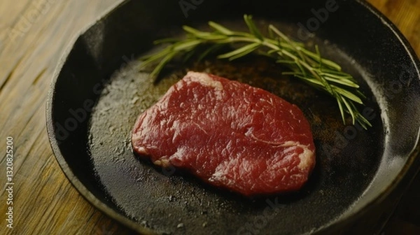 Obraz Fresh Raw Beef Steak with Rosemary Herb on Cast Iron Skillet for Gourmet Cooking Preparation