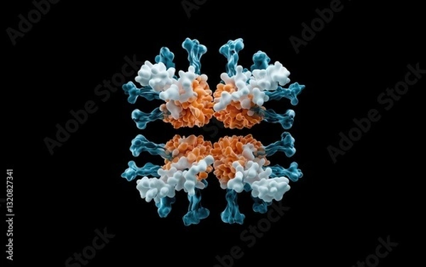Obraz Abstract 3D Render of Symmetrical Virus Particle with Teal White and Orange Components