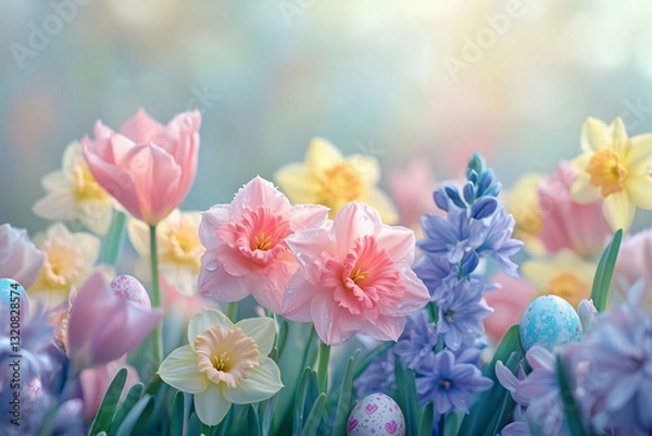 Obraz Spring blossoms and pastel eggs create a festive atmosphere in a vibrant arrangement