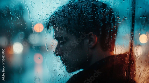 Obraz Pensive Man Behind a Rain-Covered Window at Night