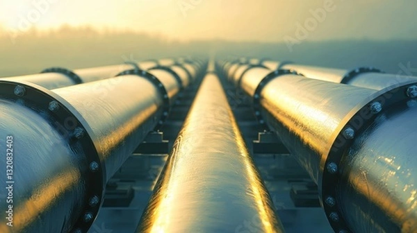 Fototapeta Industrial metal pipelines extending towards the horizon during early morning sunlight with fog in the background