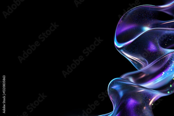 Obraz Abstract iridescent wave with blue and purple holographic reflections on black background. High-quality 4k hd thumbnail. Generative AI