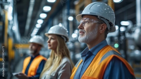Obraz In a bright conference room within a manufacturing facility, a middle-aged production coordinator engages team members in discussing workflow enhancements and operational strategies