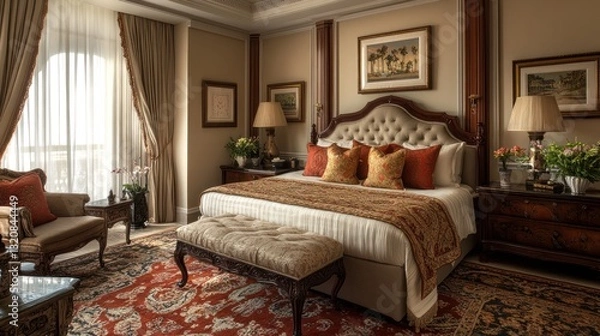 Obraz A luxurious and comfortable master bedroom with ornate furnishings