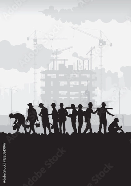 Fototapeta Construction vector background, Worker in a building site, Labour day background.