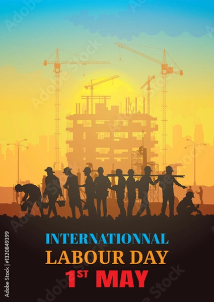 Fototapeta Construction vector background, Worker in a building site, Labour day background.
