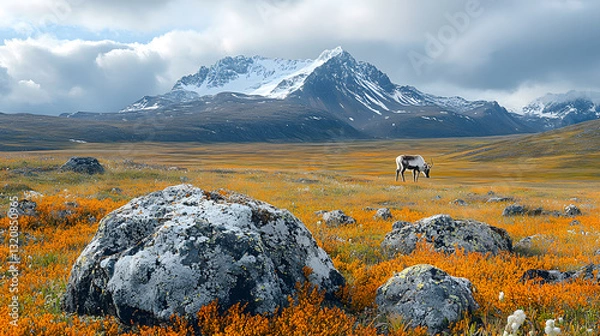 Fototapeta A peaceful Greenlandic tundra with scattered moss and lichen, a lone reindeer grazing under a cloudy sky, surrounded by distant snow-capped mountains.