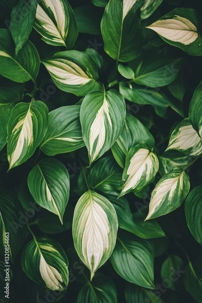 Fototapeta Close Up, Top View Of Lush Green And White Hosta Plant Leaves, Providing Ample Copy Space