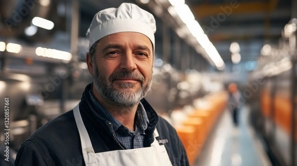 Fototapeta A middle-aged factory supervisor closely oversees workers in a bright automated dairy processing plant, focusing on maintaining hygiene and efficiency standards essential for operations