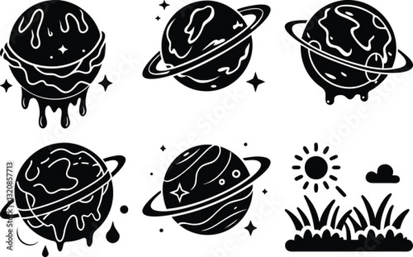 Fototapeta Black and White Planet Vector Illustration Set: Saturn with Rings, Dripping Planets, Celestial Bodies, Stars, Sun, and Grass Clipart
