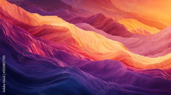 Fototapeta Colorful sunset over mountains and desert with textured fabric and vibrant patterns in pink, orange, and red