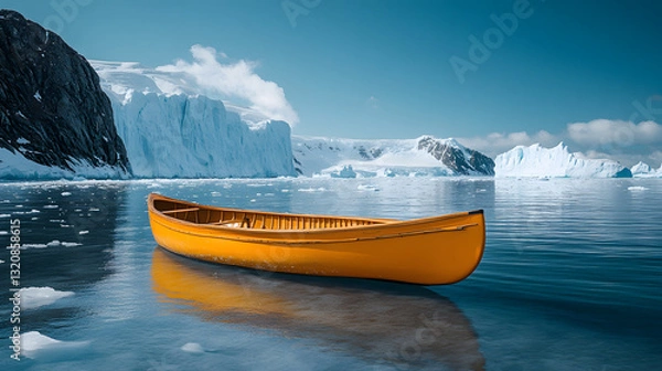 Fototapeta A traditional Inuit kayak resting on the icy shoreline of a Greenland fjord, with towering icebergs and cold blue waters stretching into the horizon.
