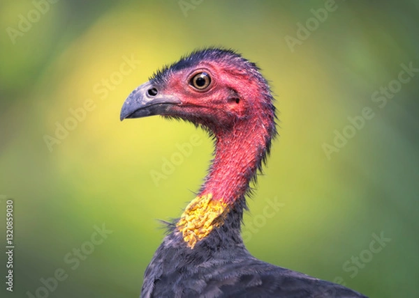 Fototapeta A portrait, close-up headshot of a wild bush turkey (Alectura lathami) isolated against a clean, blurred woodland background, Australia
