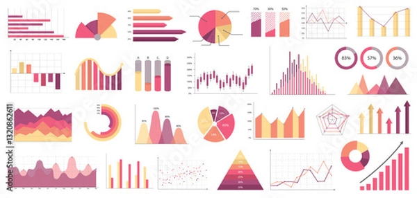 Fototapeta Set of various colorful business charts and graphs in modern flat design on a white background. Concept of data visualization and analytics. Vector illustration