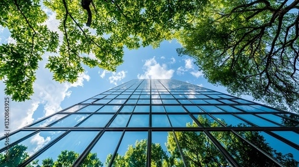 Fototapeta ESG sustainability is incorporated into the urban environment through the concept of corporate glass buildings surrounded by green trees, representing a sustainable corporate approach