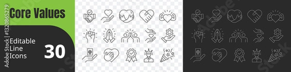 Fototapeta Core Values Line Editable Icons set vector illustration modern, trustworthiness, kindness, respect, boldness, autonomy, faith, loyalty, service, Pictograms and infographics for mobile apps
