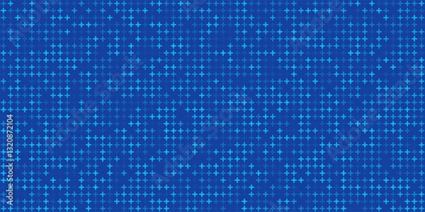 Obraz Medical blue background. Healthcare blue pattern with glowing plus signs. Seamless abstract futuristic digital backdrop with pixelated geometric elements. Modern technology vector illustration.