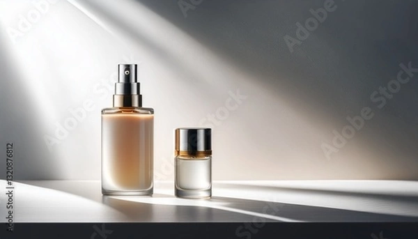 Fototapeta Light diffraction effect on a minimalist white background – trendy and dynamic, perfect for perfume display.
