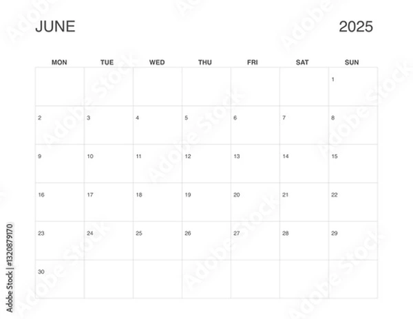 Fototapeta JUNE 2025 Letter Size Monthly Calendar, Minimalist Printable Calendar, Dated JUNE Planner