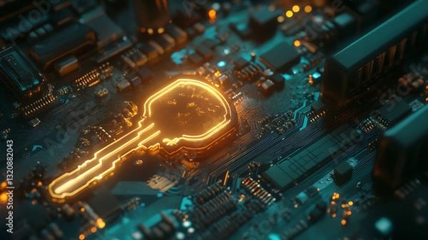 Fototapeta Gold electronic circuit board design with digital and technological elements representing data, business, and finance
